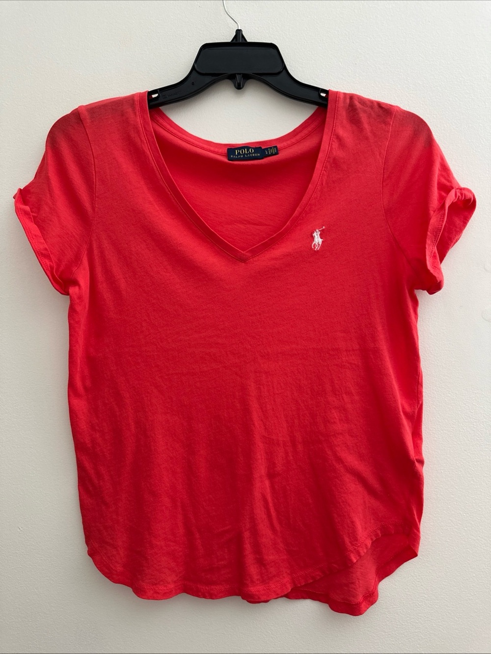Polo Ralph Lauren Women V-Neck T-Shirt red White Pony Logo Short Sleeve Size L